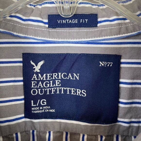 American Eagle Grey Vertical Striped Button Up Shirt - Picture 3 of 4